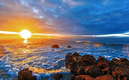 Sunset - rays - rays, sunset, sea, rocks