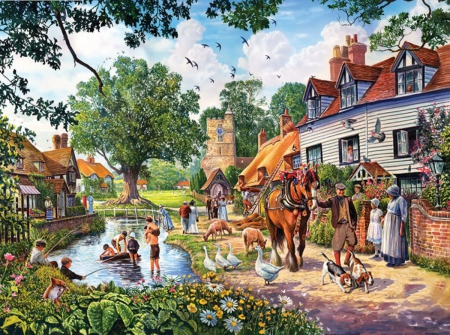 Village Summer - village, lake, art, pretty, horse, summer, hause