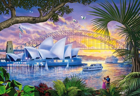 Sydney Opera House - love four seasons, palm, attractions, boat, sydney, australia, ocean, architecture, sunset, paintings, opera house, attractions in dreams, places, rivers, opera, house, trees, boats