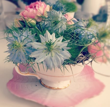 A cup of flowers - cups, roses, decoration, table, spring, pink, flowers, floral, cup