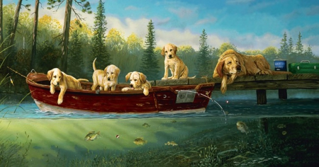 Fishing Lessons - puppys, dogs, Lessons, Fishing, lake, adorable, sweet, tree