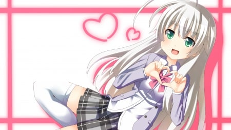 Nyaruko - hot, thigh highs, hair, eyes, heart, thighhighs, white, hearts, no, ribbon, sexy, skirt, blushing, wallpaper, cyan, pink, blush, dress, ribbons, black, blade, grey, stripes, green, anime, seirei, cute, tsukai, background, dance, girl, hd, nyaruko, blue, long