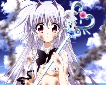 Iris Freyja - hot, hair, eyes, heart, iris, white, no, purple, ribbon, juuou, sexy, blushing, smoke, wallpaper, pink, blush, fafnir, sky, freyja, ribbons, dirt, black, mujin, brown, cloud, clouds, seirei, cute, background, staff, hd, juuoumujin, blue, long