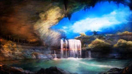 Waterfall - nature, caves, blue, waterfalls, rivers, rocks