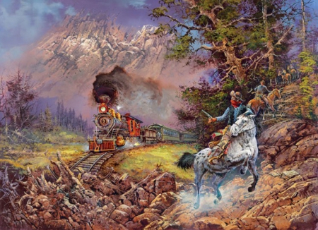 The Holdup of the Old - wild west, steam, mountains, painting, nature, train, locomotive, cowboy, horse, artwork, bandits