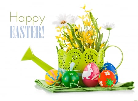 Happy Easter - easter, happy easter, bunny, vase, spring, eggs, watering can, hearts, flowers, daisies