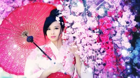 Pretty Asian Beauty - cherry blossom, beauty, model, flowers, spring, girl, umbrella, asian