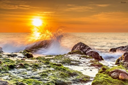 SUNSET - beaches, sky, landscape, paradise, sunset, sun rays, rocks, waves, nature, clouds, seashore, splendor, sea, enchanting nature