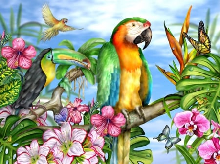 Parrot - nature, pretty, parrot, flowers, cute, birds