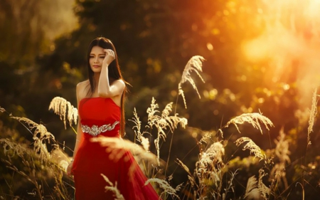 Lady in Red - field, red, woman, model