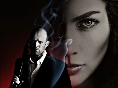 Parker (2013) - actor, Jason Statham, poster, gun, man, actress, Jennifer Lopez, black, white, red, movie, Parker