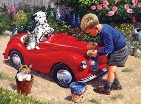 Cleaning the Car - art, puppy, cat, car, boy, cleaning