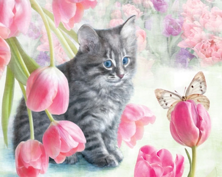 Cats and Tulips - art, pretty, cat, adorable, tulips, cute