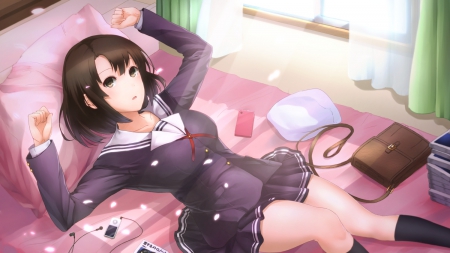 Just Relaxing - bed, anime girl, seifuku, big eyes, saenai heroine no sodatekata, window, anime, cherry blossoms, pillow, blushing, cellphone, ipod, megumi katou, relaxing, school uniform, megumi, laying down, katou