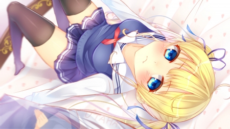 Eriri - frown, eriri, big eyes, blonde, sawamura, anime girl, seifuku, stockings, spencer, bed, eriri spencer sawamura, anime, twintails, school uniform, blushing, saenai heroine no sodatekata, blue eyes