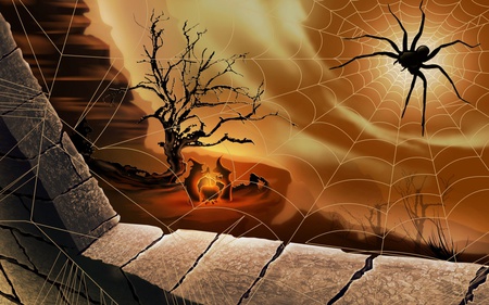 Witches And The Spider - witches, abstract, spider, window, night, tree, web, cg, black, caldron, holiday, fire, halloween, 3d, black spider, spiderweb