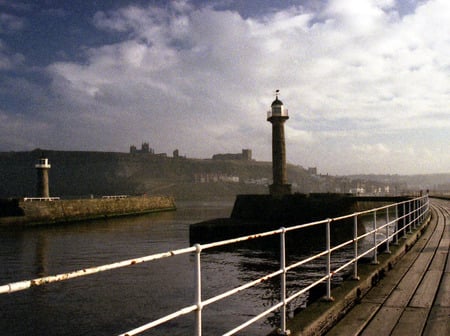 West Pier Whitby - clouds, harbour, lighthouse, whitby