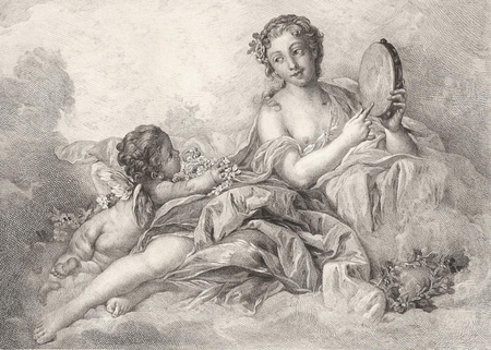 La Muse d'Erato by François Boucher  - muse, angels, engraving, angel, erotic, drawing, paris, white, mirror, woman, black and white, france, art, artist