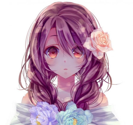 cute girl - pretty, anime, girl, rose, face, pink