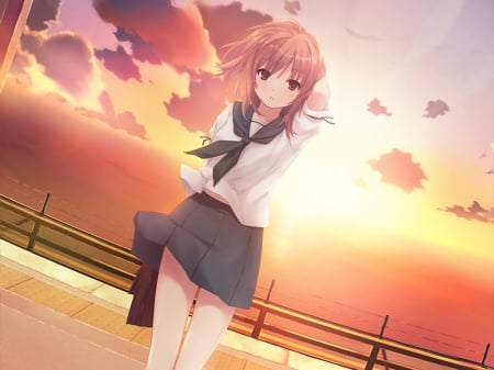 school girl - pretty, cute, uniform, anime, sunset, sea, girl, school