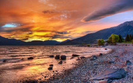 coastal sunset - beach, rocks, sunset, mountain