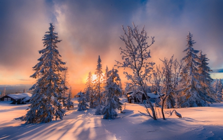 Winter Sunset - valley, trees, winter, sunset, lovely, cottages, white, forest, cold, yellow, clouds, snow, beautiful