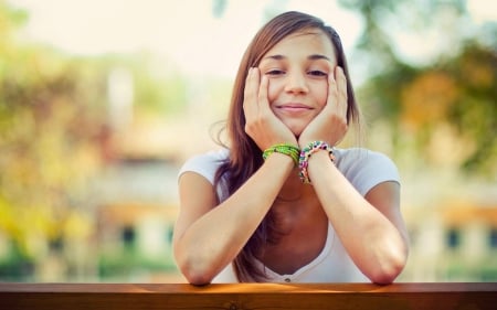 thinking of you - house, railing, girl, face, arms