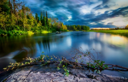 Blissful river - landscape, water, sunset, blissful, lovely, forest, reflection, blue, beautiful, river, clouds, photo