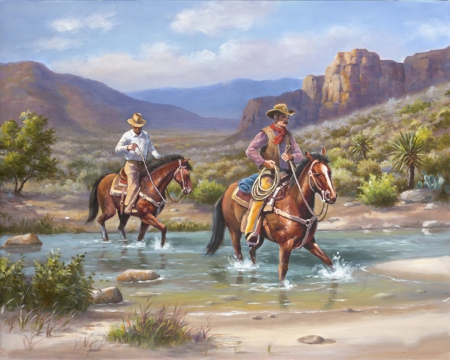 Looking For Strays - west, cowboy, horses, lake, mountain