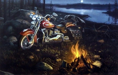 Moonlight Reflections - motorcycle, Reflections, Moonlight, fire