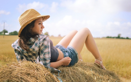 ~Cowgirl~ - hay, pretty, bale, brunette, girl, cowgirl, clouds, hat, field, sexy