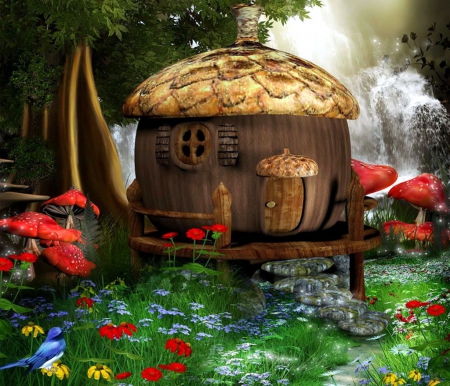 Fairy's Home - flowers, house, bird, painting, artwork, mushrooms