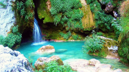 Turquoise Waterfall - nature, waterfalls, grass, treees