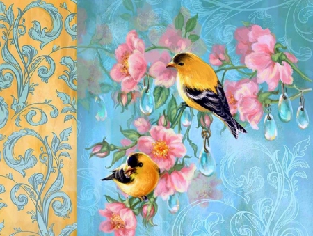 Couple of Spring - pretty, birds, beautiful, paintings, spring, colors, lovely, flowers, cute, couple, love four seasons, animals