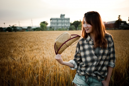 ~Cowgirl~ - hat, cowgirl, trees, wheat, field, building