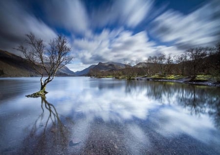 Lake reflections - reflections, trees, nature, blue, Lake