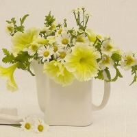 Teapot of Yellow Petunias And Daisies