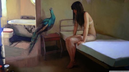 depression - girl, bed, bathroom, peacock