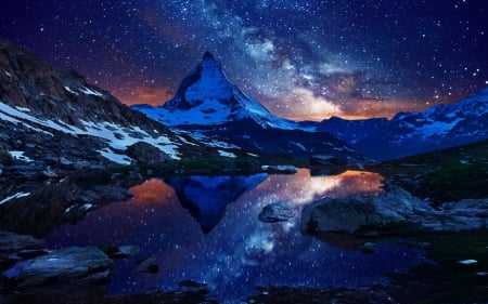 Starry Night - starry, milky way, night, mountains, reflection, sky