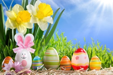 Easter - eggs, flowers, easter, sunshine, spring