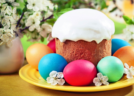 Easter - eggs, flowers, easter, spring, cake