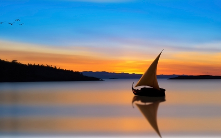 Sailboat in the Sunset - reflections, oceans, nature, lakes, sky, sailboats, sunsets