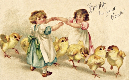 Happy Easter! - chicken, girl, yellow, vintage, card, easter, green, child