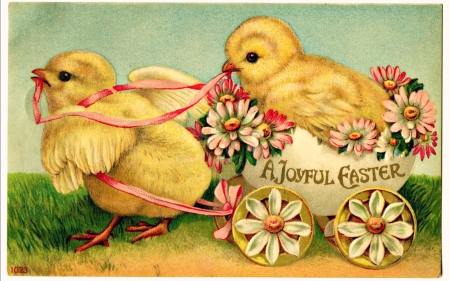 Happy Easter! - chicken, yellow, vintage, easter, card, flower