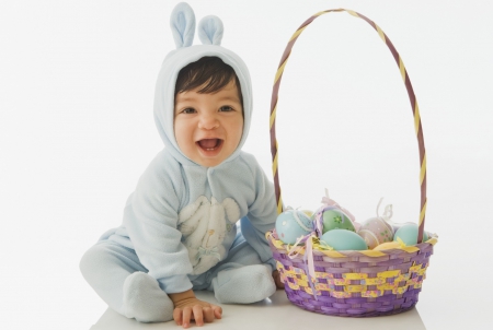 Happy Easter! - easter, basket, child, bunny, white, purple, boy, blue, smile, egg, cute