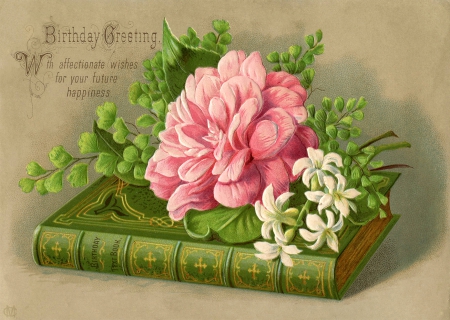 Happy Birthday! - vintage, green, book, card, flower, pink, birthday