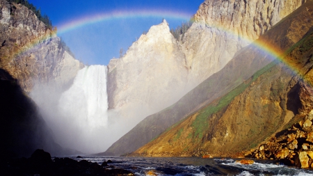 Rainbow at Yellowstone - river, waterfalls, rainbow, Wyoming, mountain, rocks, Yellowstone Park