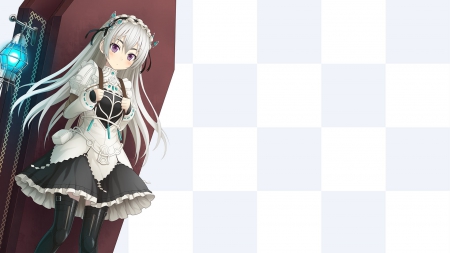 Chaika - headdress, hot, hair, eyes, magic, chaika, white, no, purple, checkers, lamp, ribbon, checkered, sexy, blushing, light, trabant, hitsuga, squares, bow, blush, maid, dress, ribbons, black, anime, cute, background, girl, coffin, hd, wizard, blue, long