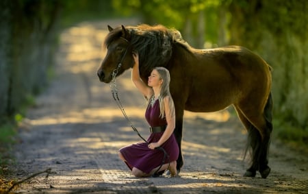 Horse and woman - road, forest, Horse, woman