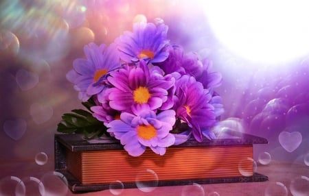 Floral Still Life - flowers, heart, purple, book, artwork, bubbles